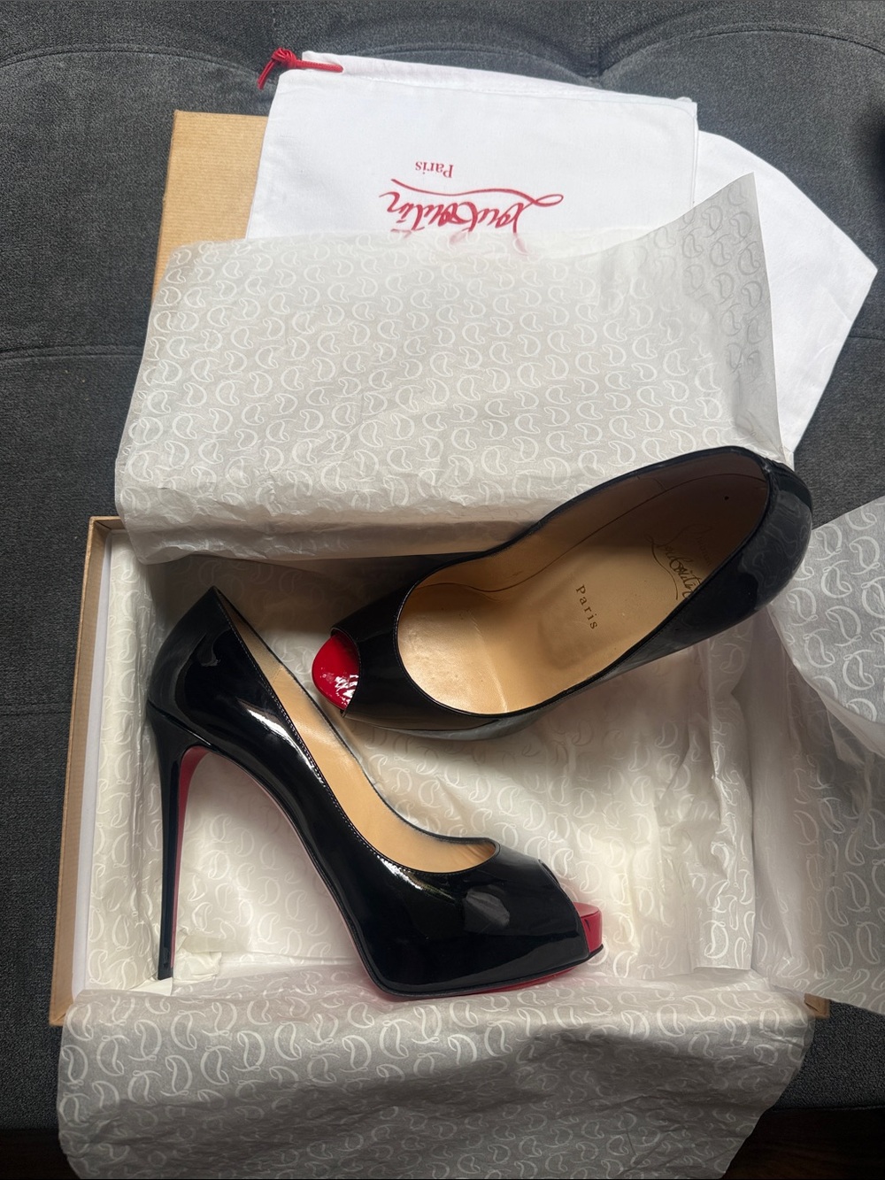 Christian Louboutin Black Prive Patent Peep-Toe Pumps Rare - unworn outdoors